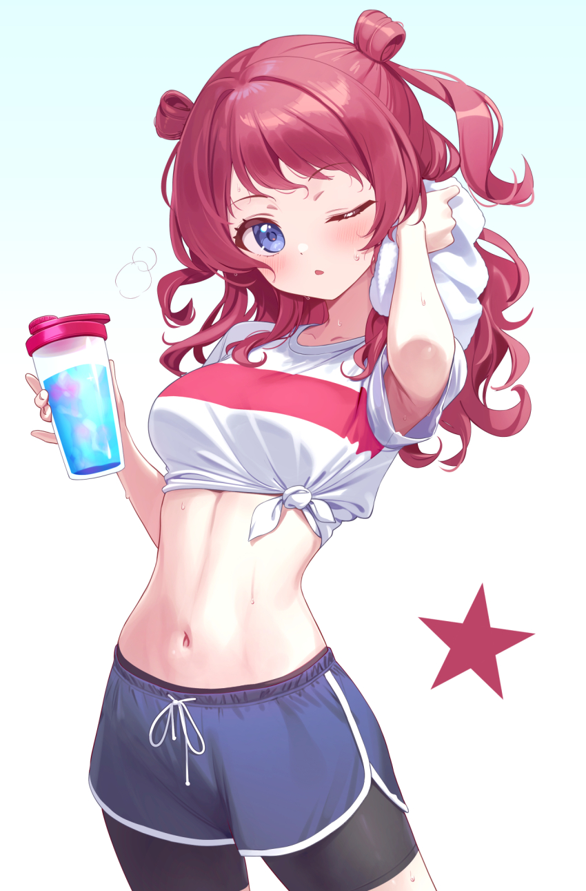 1girl bike_shorts bike_shorts_under_shorts black_shorts blue_eyes blue_shorts blush cowboy_shot cup deadnooodles gakuen_idolmaster hair_rings hanami_saki hands_up highres holding holding_cup holding_towel idolmaster looking_at_viewer midriff navel one_eye_closed red_hair shirt shorts simple_background solo star_(symbol) stomach sweat tied_shirt towel two_side_up white_background