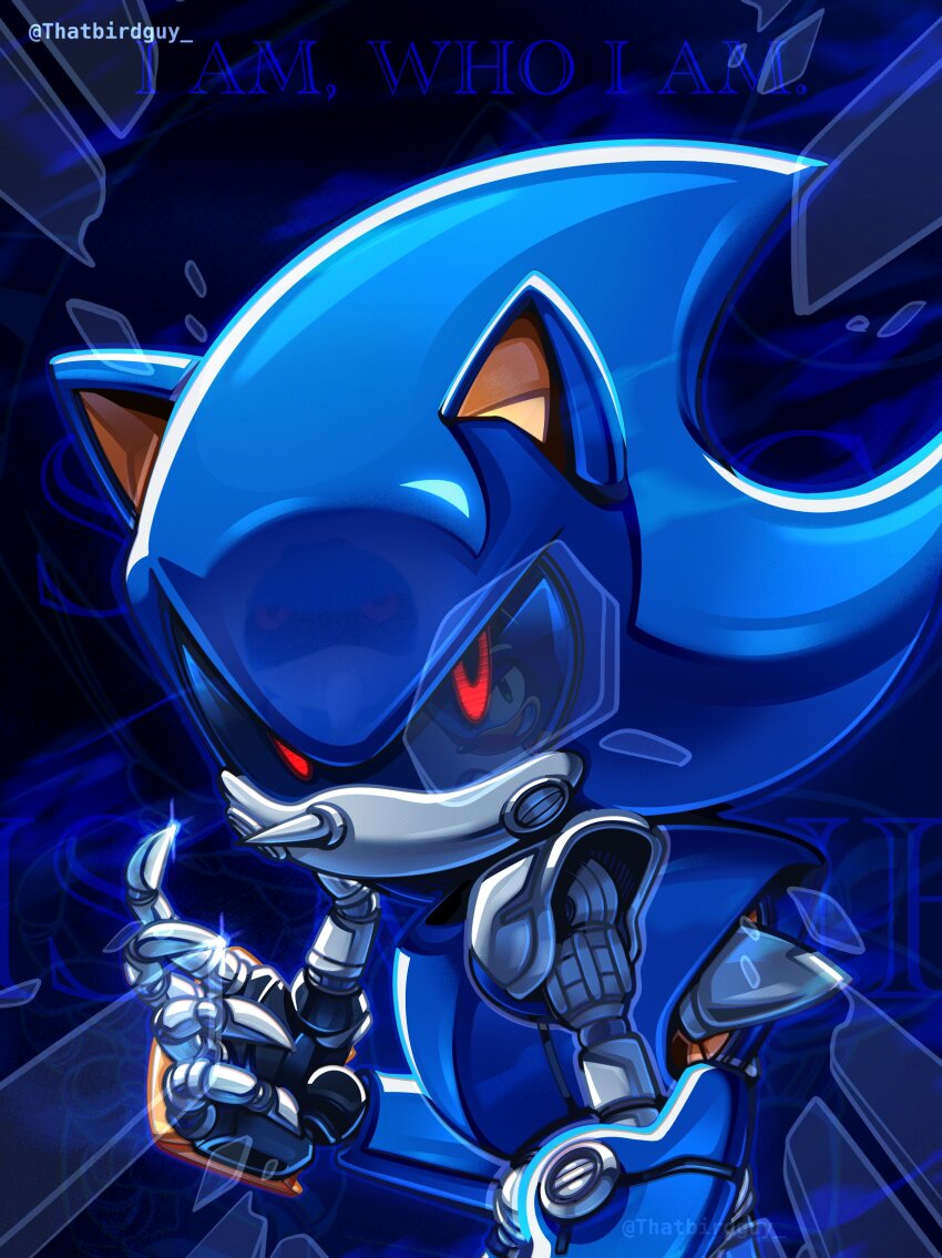 1boy absurdres broken_glass english_text glass glowing glowing_eyes highres looking_at_viewer metal_sonic nic_kenten red_eyes robot solo solo_focus sonic_(series) sonic_the_hedgehog upper_body