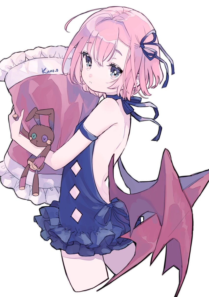 1girl absurdres artist_name blue_dress blue_eyes blue_ribbon closed_mouth dress from_side hair_between_eyes hair_ribbon highres hugging_object jikuno looking_at_viewer neck_ribbon original pillow pink_hair ribbon short_hair simple_background solo white_background wings