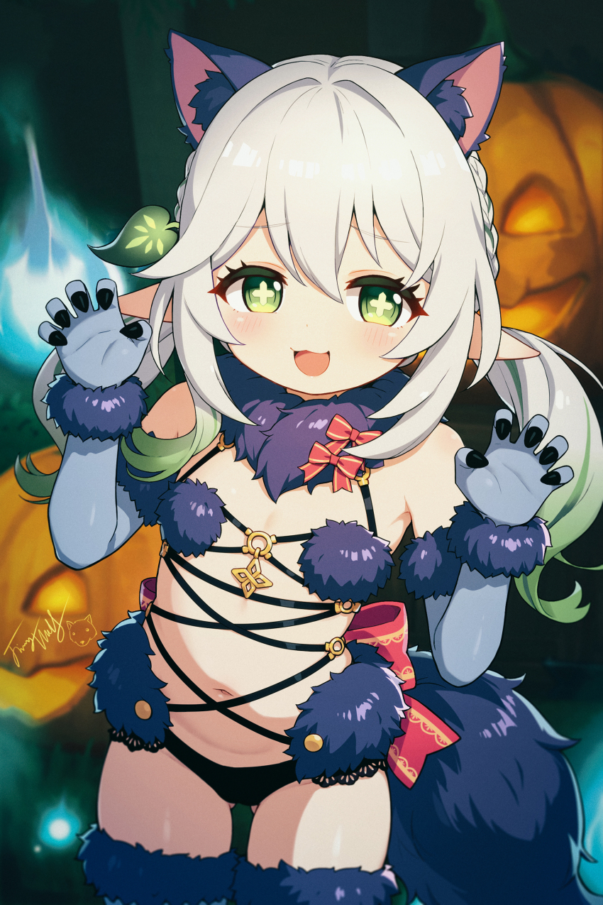 1girl :d absurdres animal_ear_fluff animal_ears bare_shoulders black_nails blue_gloves blue_thighhighs blurry blurry_background breasts claw_pose cosplay cross-shaped_pupils depth_of_field elbow_gloves fate/grand_order fate_(series) fur-trimmed_gloves fur-trimmed_legwear fur_trim genshin_impact gloves gradient_hair green_eyes green_hair halloween hands_up highres jack-o&#039;-lantern langbazi loli mash_kyrielight mash_kyrielight_(dangerous_beast) mash_kyrielight_(dangerous_beast)_(cosplay) multicolored_hair nahida_(genshin_impact) nail_polish navel open_mouth pointy_ears side_ponytail signature small_breasts smile solo streaked_hair symbol-shaped_pupils tail thighhighs white_hair