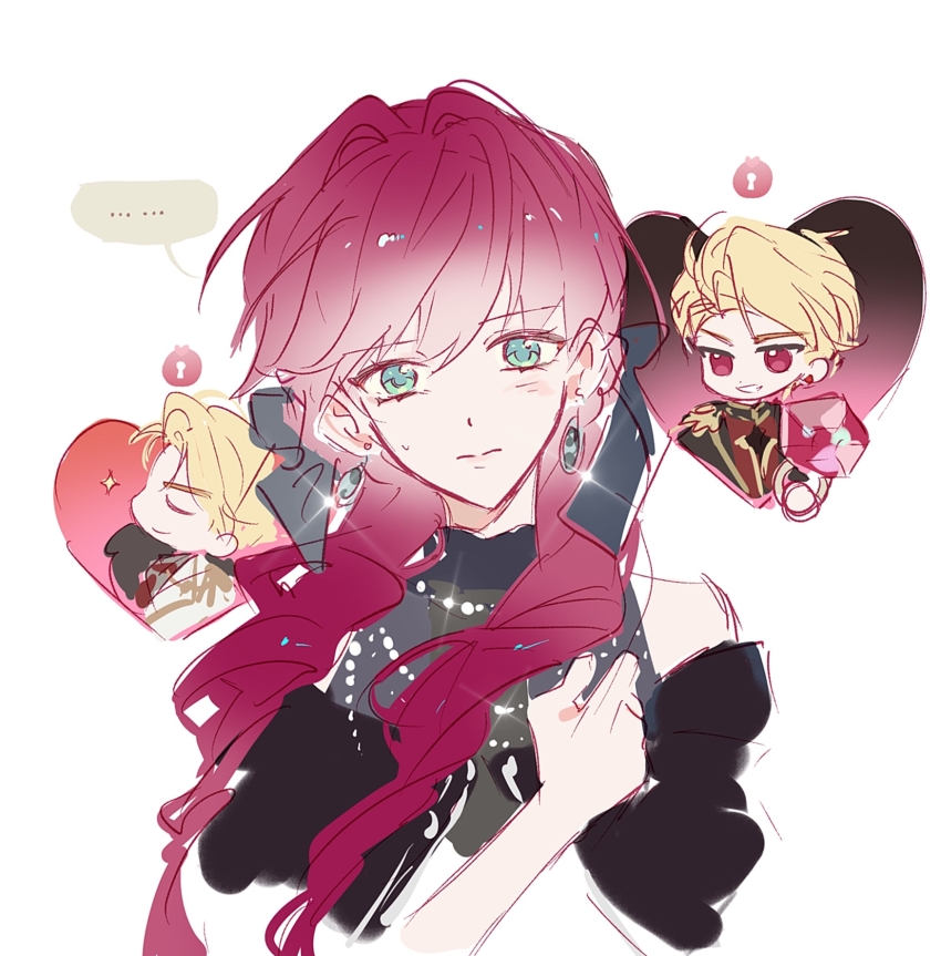 ... 1boy 1girl aqua_eyes black_bow black_dress blonde_hair bow callisto_regulus chinese_commentary closed_eyes commentary dress earrings floating_earring grin hair_bow heart highres humi_humi jewelry lock long_hair multiple_hair_bows penelope_eckhart pink_hair red_eyes short_hair smile spoken_ellipsis very_short_hair villains_are_destined_to_die
