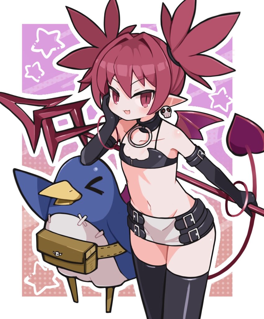 1girl black_thighhighs choker demon_girl demon_tail demon_wings disgaea earrings elbow_gloves elder_spear etna_(disgaea) flat_chest gloves highres jewelry looking_at_viewer microskirt mini_wings navel o-ring o-ring_choker pointy_ears prinny red_eyes red_hair red_tail red_wings skirt skull_earrings smile suaman tail thighhighs wings
