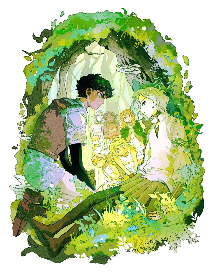 3boys 4girls absurdres arm_tattoo armor bags_under_eyes balsang bare_shoulders black_eyes black_hair blonde_hair blue_eyes boots chainmail chest_tattoo choker cithis cloak curly_hair dark-skinned_female dark-skinned_male dark_elf dark_skin dungeon_meshi elf facial_mark fleki forehead_mark forest gorget grass green_cloak green_theme grey_hair highres hood hooded_cloak kabru kneeling leaning_on_object leather_armor long_hair long_sleeves looking_at_another lycion medium_hair mithrun multiple_boys multiple_girls nature notched_ear otta_(dungeon_meshi) own_hands_clasped own_hands_together pattadol plant pointy_ears scene_reference shirt short_hair sitting sweatdrop tattoo thigh_boots topless_male tree tunic very_short_hair white_background