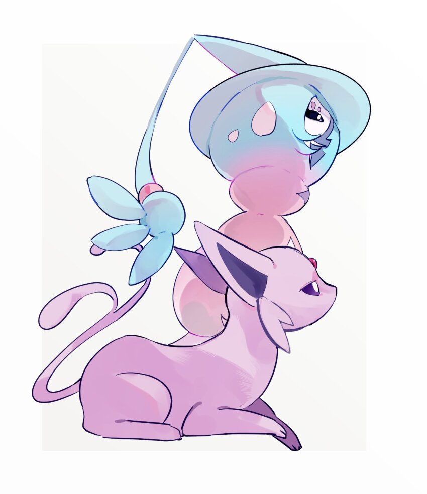 1girl animal_hands black_sclera blue_hair colored_sclera colored_skin cyauken_(ouahloup) espeon forehead_jewel forked_tail full_body game_freak gem gen_2_pokemon gen_8_pokemon hat hatterene highres long_hair looking_to_the_side lying nintendo pink_hair pokemon pokemon_(creature) prehensile_hair purple_eyes purple_fur red_gemstone simple_background standing tail very_long_hair white_background white_skin witch_hat