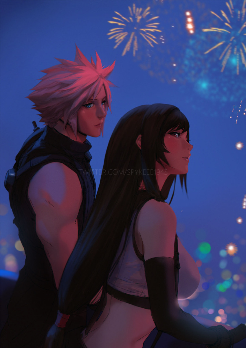 1boy 1girl armor bare_shoulders black_gloves black_hair black_sports_bra blonde_hair blue_eyes blue_sky blurry blurry_background breasts closed_mouth cloud_strife commentary couple crop_top elbow_gloves final_fantasy final_fantasy_vii final_fantasy_vii_rebirth final_fantasy_vii_remake fireworks from_side gloves highres large_breasts light_blush long_hair looking_at_another looking_to_the_side midriff night night_sky parted_lips red_eyes short_hair shoulder_armor single_bare_shoulder skirt sky sleeveless sleeveless_turtleneck spiked_hair sports_bra spykeee suspender_skirt suspenders sweater tank_top tifa_lockhart turtleneck turtleneck_sweater white_tank_top