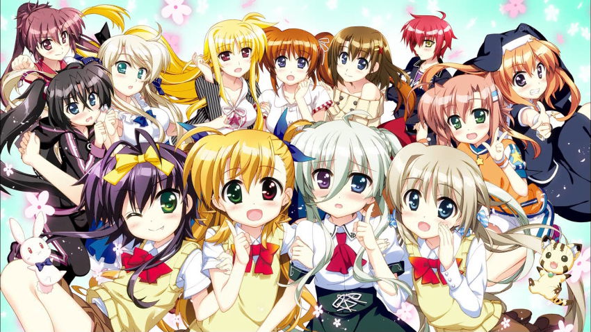 10s 6+girls anime_screenshot asteion chantez_apinion corona_timir einhard_stratos fate_testarossa fujima_takuya gradient_background harry_tribeca highres lyrical_nanoha mahou_shoujo_lyrical_nanoha_vivid miura_rinaldi multiple_girls nove_(nanoha) numbers_(nanoha) official_art rio_wezley sacred_heart sieglinde_eremiah takamachi_nanoha viktoria_dahlgrun vivio yagami_hayate