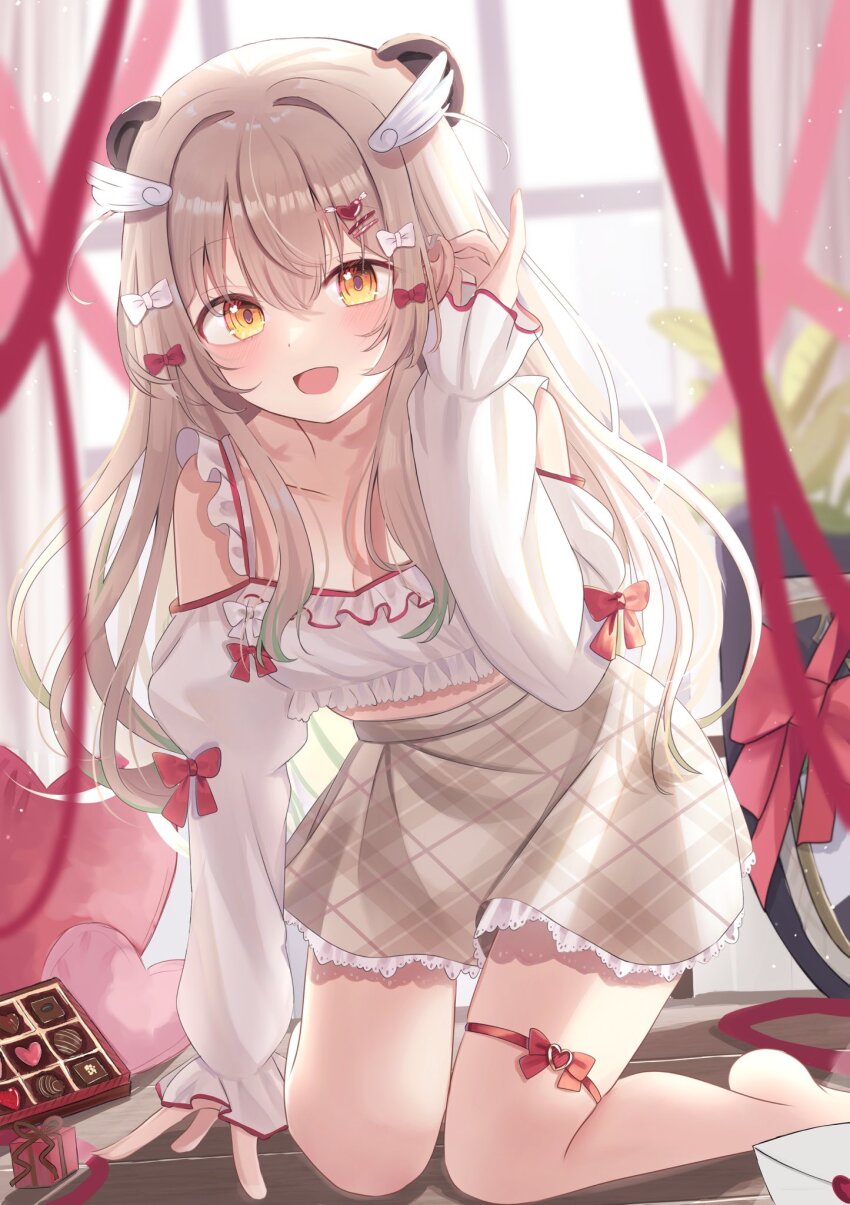 1girl alternate_costume amatsuna_sasaha animal_ears blurry blurry_background blush breasts brown_hair cleavage collarbone commentary_request detached_sleeves envelope hair_between_eyes hair_ornament highres indie_virtual_youtuber kneeling long_hair plant potted_plant ribbon small_breasts solo valentine virtual_youtuber window yellow_eyes