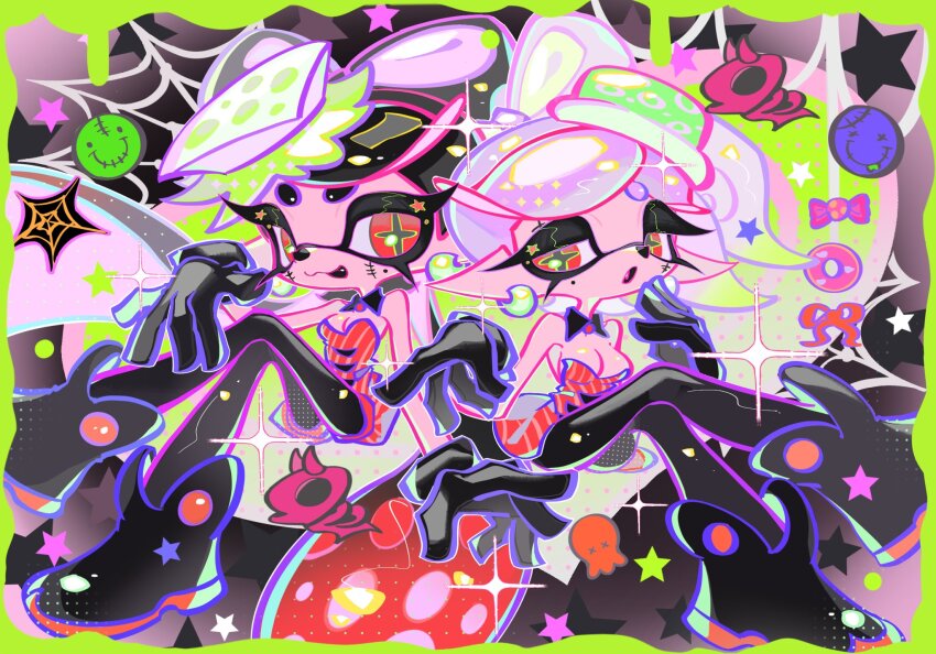 2girls :o ankle_boots bare_shoulders black_collar black_footwear black_gloves black_hair black_pantyhose black_tongue boots border bow-shaped_hair breasts callie_(splatoon) callie_(splatoween)_(splatoon) cleavage collar commentary cross-shaped_pupils crossed_legs detached_collar dress earrings fang gloves gradient_hair green_border green_hair grey_hair halloween_costume hand_up highres inkling jewelry jumpsuit long_eyelashes long_hair long_pointy_ears marie_(splatoon) marie_(splatoween)_(splatoon) mole mole_under_eye multicolored_hair multiple_girls nintendo official_alternate_costume open_mouth pantyhose pointy_ears red_dress red_eyes red_hair red_jumpsuit short_hair short_jumpsuit sitting splatoon_(series) splatoon_3 stitched_face stitches strapless strapless_dress striped_jumpsuit swept_bangs symbol-only_commentary symbol-shaped_pupils tentacle_hair thick_eyebrows twintails two-tone_hair xiaoyunatie