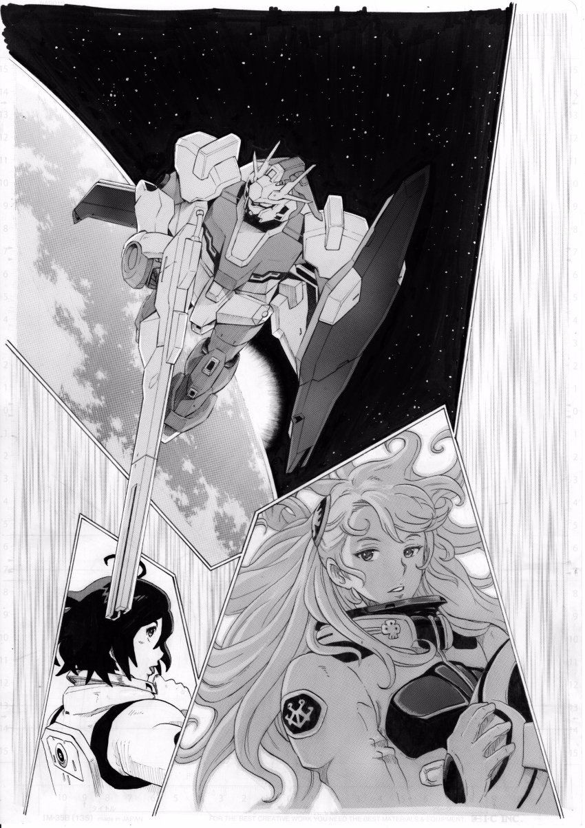 1boy 1girl absurdres aida_rayhunton bellri_zenam floating_hair flying g-arcane greyscale gun gundam gundam_g_no_reconguista hair_behind_ear unworn_headwear helmet unworn_helmet highres holding holding_gun holding_helmet holding_shield holding_weapon long_hair looking_up mecha mobile_suit monochrome official_art oota_tamon open_mouth pilot_suit robot shield space v-fin weapon