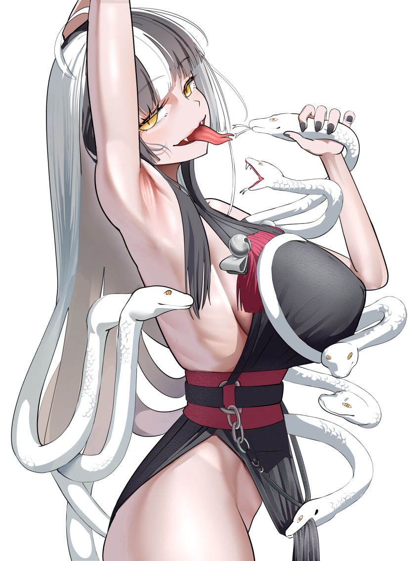 1girl absurdres animal arm_up armpits azami_(blue_archive) bare_arms bare_shoulders bell black_hair black_kimono black_nails blue_archive blunt_bangs breasts chain clothes_lift commentary cowboy_shot fangs fingernails forked_tongue from_side hand_on_own_head hand_up highres holding holding_animal holding_snake japanese_clothes jingle_bell kimono large_breasts lifting_another&#039;s_clothes long_hair long_tongue looking_at_viewer looking_to_the_side mrsc multicolored_hair nail_polish obi open_mouth pelvic_curtain pelvic_curtain_lift ribs sash sideboob sideless_kimono simple_background sleeveless sleeveless_kimono slit_pupils smile snake snake_hair solo split-color_hair tongue tongue_out two-tone_hair very_long_hair white_background white_hair yellow_eyes