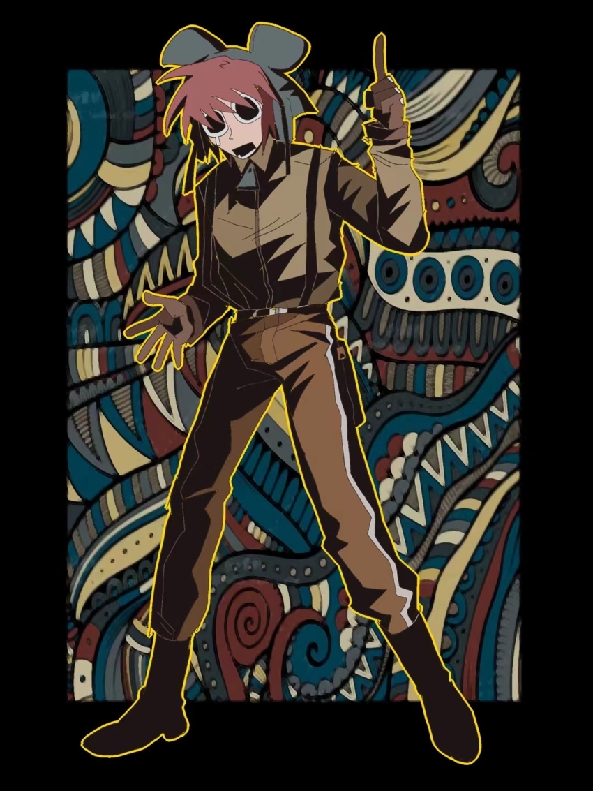 1boy black_eyes boots brown_gloves brown_hair brown_jacket full_body gloves highres index_finger_raised jacket l-zhui looking_at_viewer male_focus mouse_hat present_day_problem_takeuchi_robert randal&#039;s_friends short_hair solo standing suspenders teardrop
