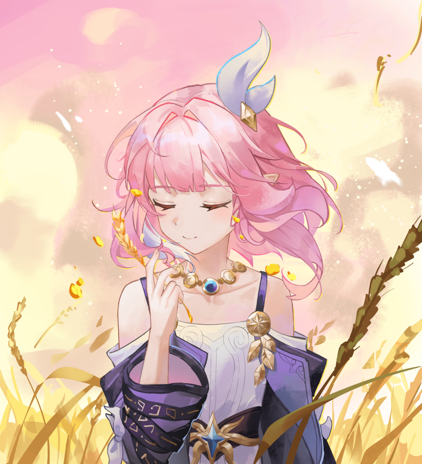 1girl absurdres breasts chinese_commentary coat collarbone commentary_request cyrene_(honkai:_star_rail) dress hair_ornament highres holding_wheat honkai:_star_rail honkai_(series) jewelry medium_hair multicolored_hair necklace outdoors pink_hair pink_sky pointy_ears purple_coat sky small_breasts smile solo two-tone_hair upper_body wheat wheat_field white_dress white_hair xianluojimaomao2333