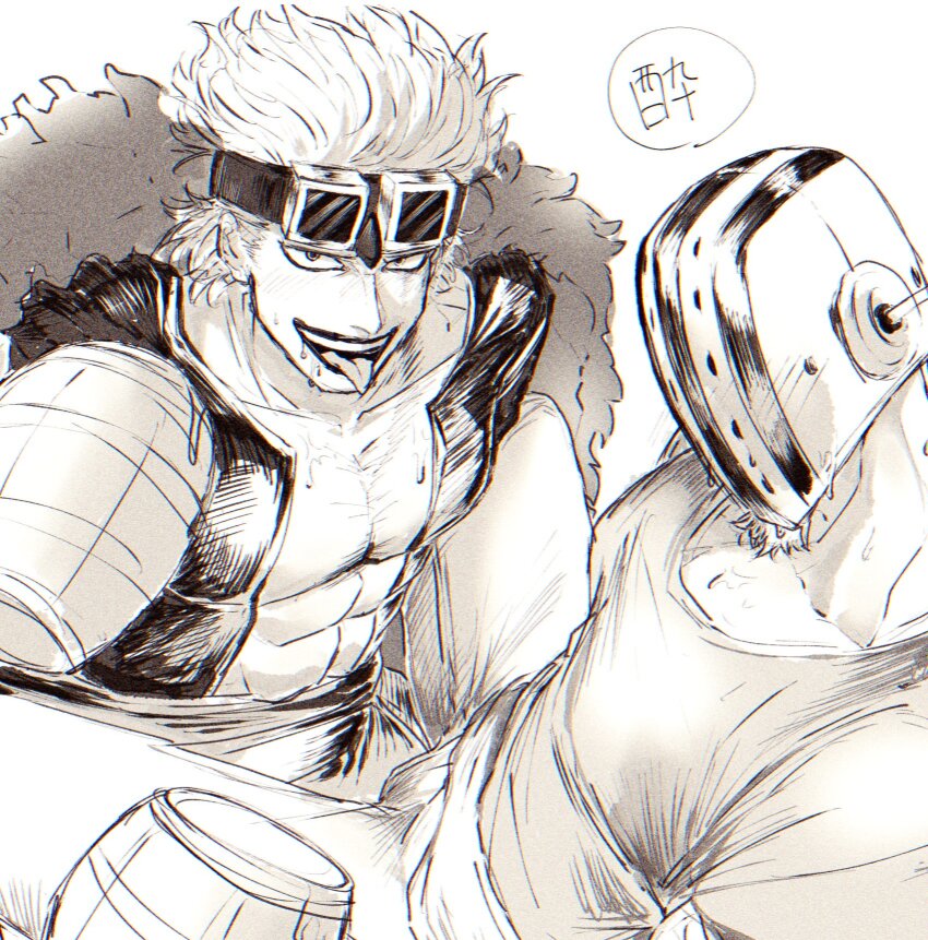 2boys abs alcohol ame_ekai bara beer eustass_kid facial_hair facial_hair_through_mask feet_out_of_frame goatee goggles goggles_on_head greyscale head_tilt highres hockey_mask jacket killer_(one_piece) large_pectorals long_hair looking_at_viewer male_focus mask monochrome multiple_boys muscular muscular_male one_piece open_clothes open_jacket pectoral_cleavage pectorals shirt sitting smug t-shirt tongue tongue_out translation_request wavy_hair yaoi