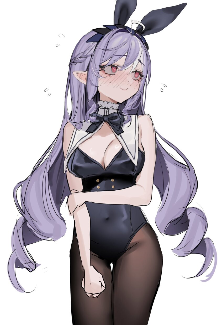1girl @_@ alternate_costume animal_ears bebe_(bebe_pp) black_leotard blush covered_navel fake_animal_ears highres leotard mole mole_under_eye playboy_bunny rabbit_ears simple_background solo vivian_banshee white_background zenless_zone_zero