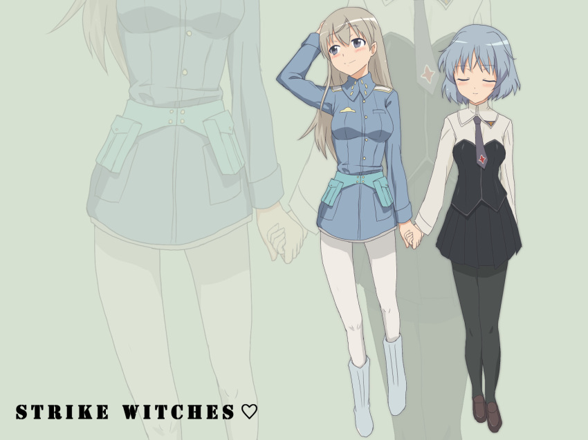 2girls black_pantyhose blonde_hair blue_eyes blush closed_eyes eila_ilmatar_juutilainen highres holding_hands long_hair military military_uniform multiple_girls necktie pantyhose sanya_v._litvyak short_hair silver_hair smile strike_witches utakatanagi white_legwear world_witches_series
