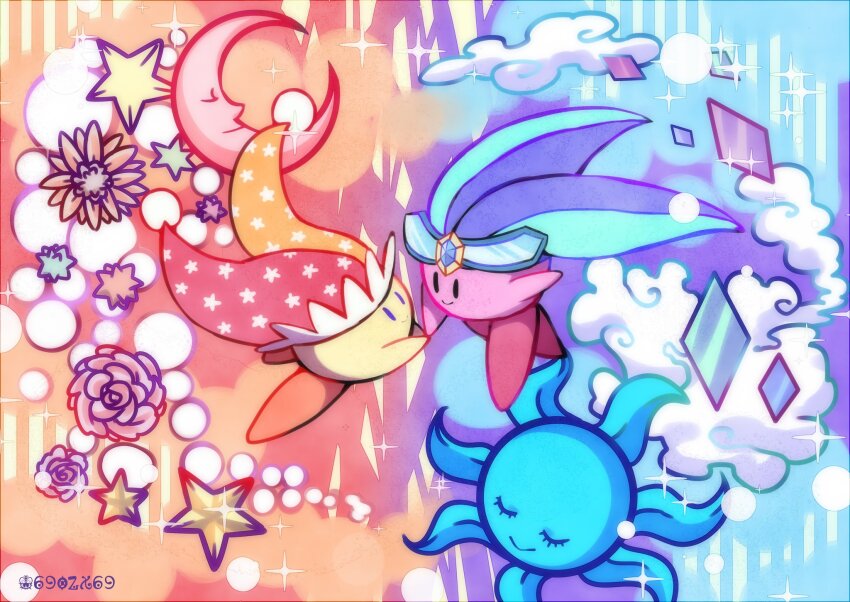 artist_name beam_kirby black_eyes blue_eyes blue_headwear closed_eyes closed_mouth cloud commentary_request copy_ability crescent_moon diamond_(shape) flower flower_request hat highres holding_hands jester_cap kirby kirby_battle_royale kirby_(series) large_hat looking_at_another mirror_kirby moon multicolored_headwear nintendo no_humans orange_headwear polar_opposites purple_headwear red_headwear smile sparkle star_(symbol) sun takenokonoko tiara |_|