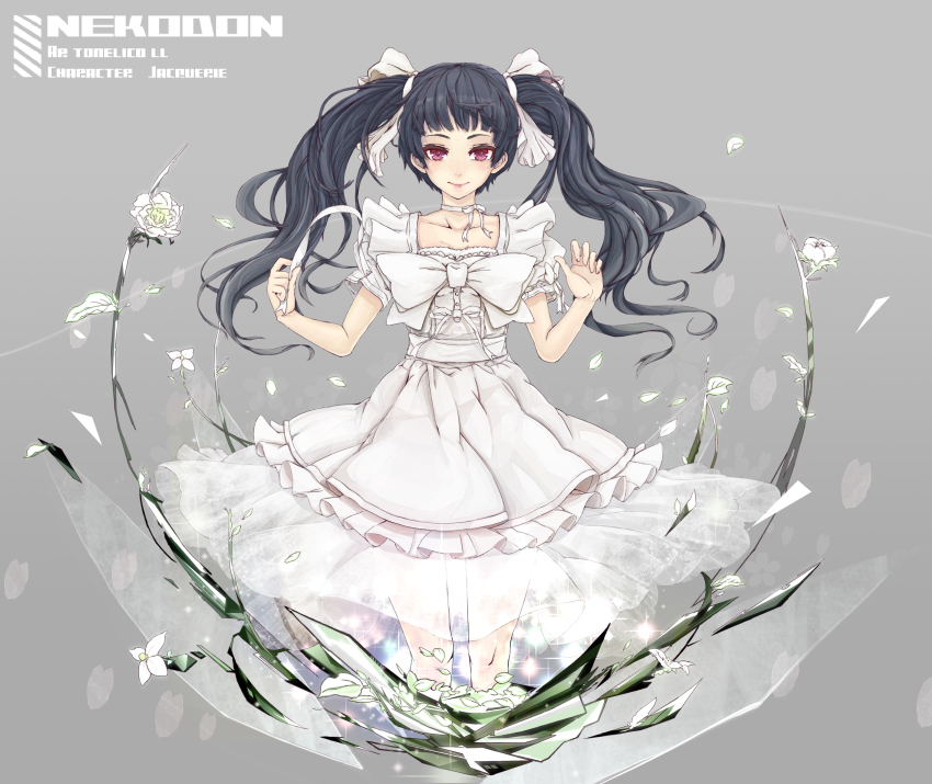 1girl absurdres ar_tonelico ar_tonelico_ii bad_id bad_pixiv_id black_hair blunt_bangs dress female_focus grey_background highres jakuri_(ar_tonelico) long_hair see-through_clothes solo sparkle twintails wavy_hair yozekura