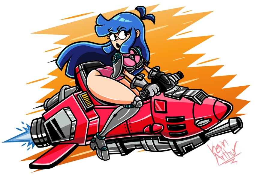 1girl armor armored_boots ass blue_hair boots breastplate burning_force highres hover_bike kevin_arthur leotard long_hair looking_to_the_side science_fiction shoulder_pads solo spacecraft tengenji_hiromi
