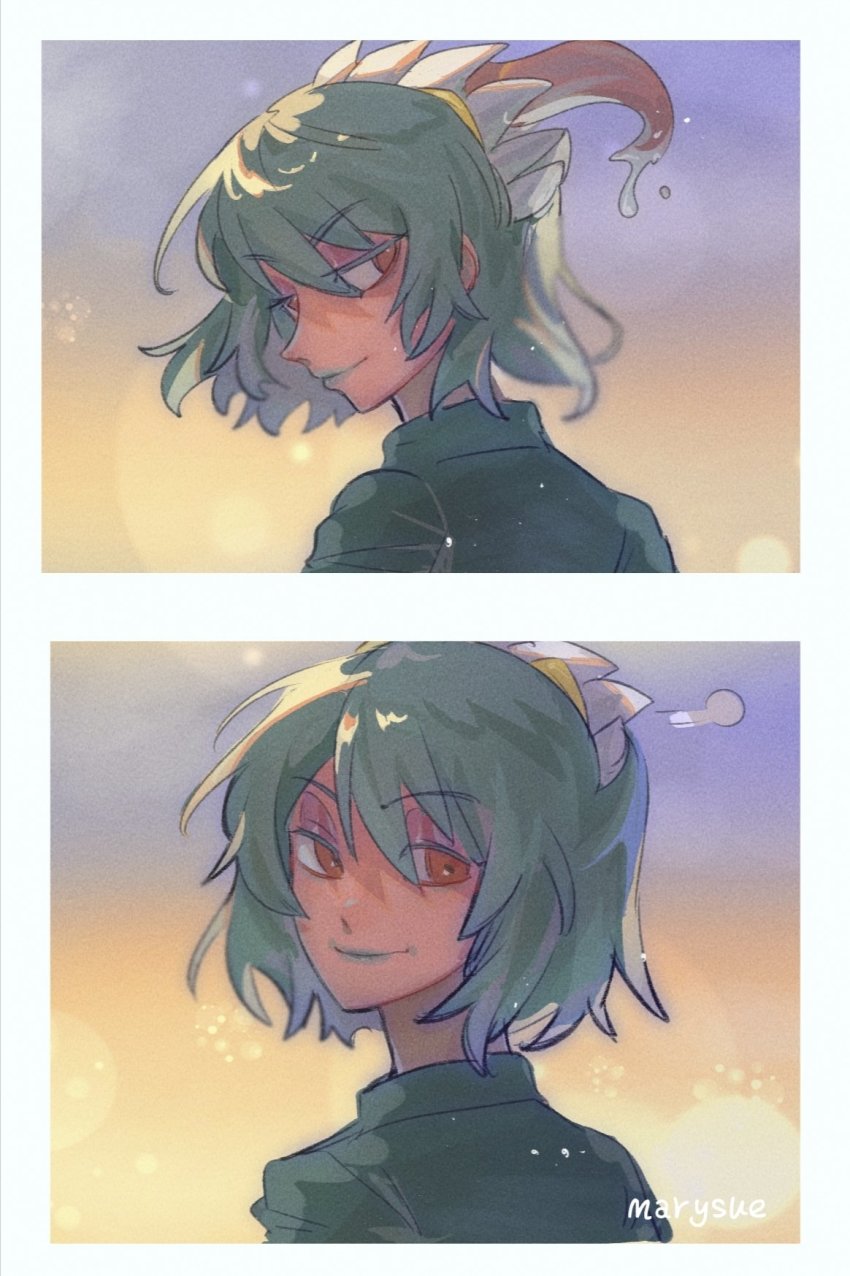 1girl 2koma alternate_hairstyle comic dark-skinned_female dark_skin eyeshadow from_behind fukua_(skullgirls) green_hair green_lips highres looking_at_viewer looking_back makeup marysue shamone_(skullgirls) short_hair skullgirls smile solo upper_body yellow_eyes