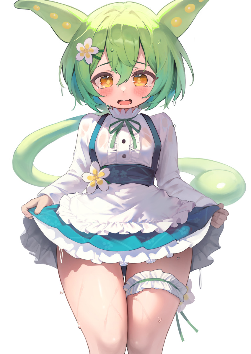 1girl absurdres animal_ears clothes_lift commentary_request flower frilled_thigh_strap green_hair hair_between_eyes hair_flower hair_ornament hakusyokuto highres lifting_own_clothes long_hair long_sleeves looking_at_viewer maid orange_eyes see-through_clothes see-through_shirt shirt simple_background skirt skirt_lift solo standing thigh_strap thighs voicevox waitress_zundamon wet wet_clothes wet_hair wet_shirt wet_skirt white_background white_flower white_shirt zundamon
