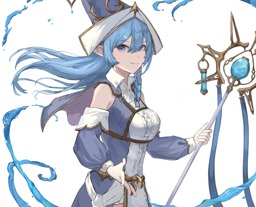 1girl blue_eyes blue_hair braid breast_strap breasts detached_sleeves dress duel_monster hat holding holding_staff large_breasts long_hair long_sleeves looking_at_viewer nbee_ya pointy_ears pointy_hat single_braid solo staff water_enchantress_of_the_temple wizard_hat yu-gi-oh!