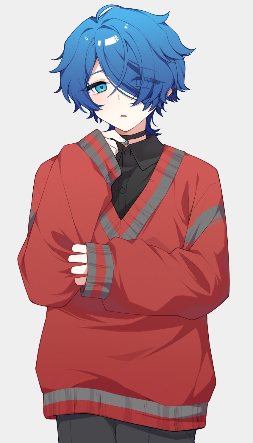 1boy absurdres black_choker black_shirt blue_eyes blue_hair chinese_commentary choker collared_shirt commentary_request cowboy_shot eyes_visible_through_hair grey_background grey_pants hair_over_one_eye hand_up highres looking_at_viewer male_focus medium_hair milgram pants parted_lips pendant_choker red_sweater sakurai_haruka_(milgram) shirt simple_background solo sweater yingwux1
