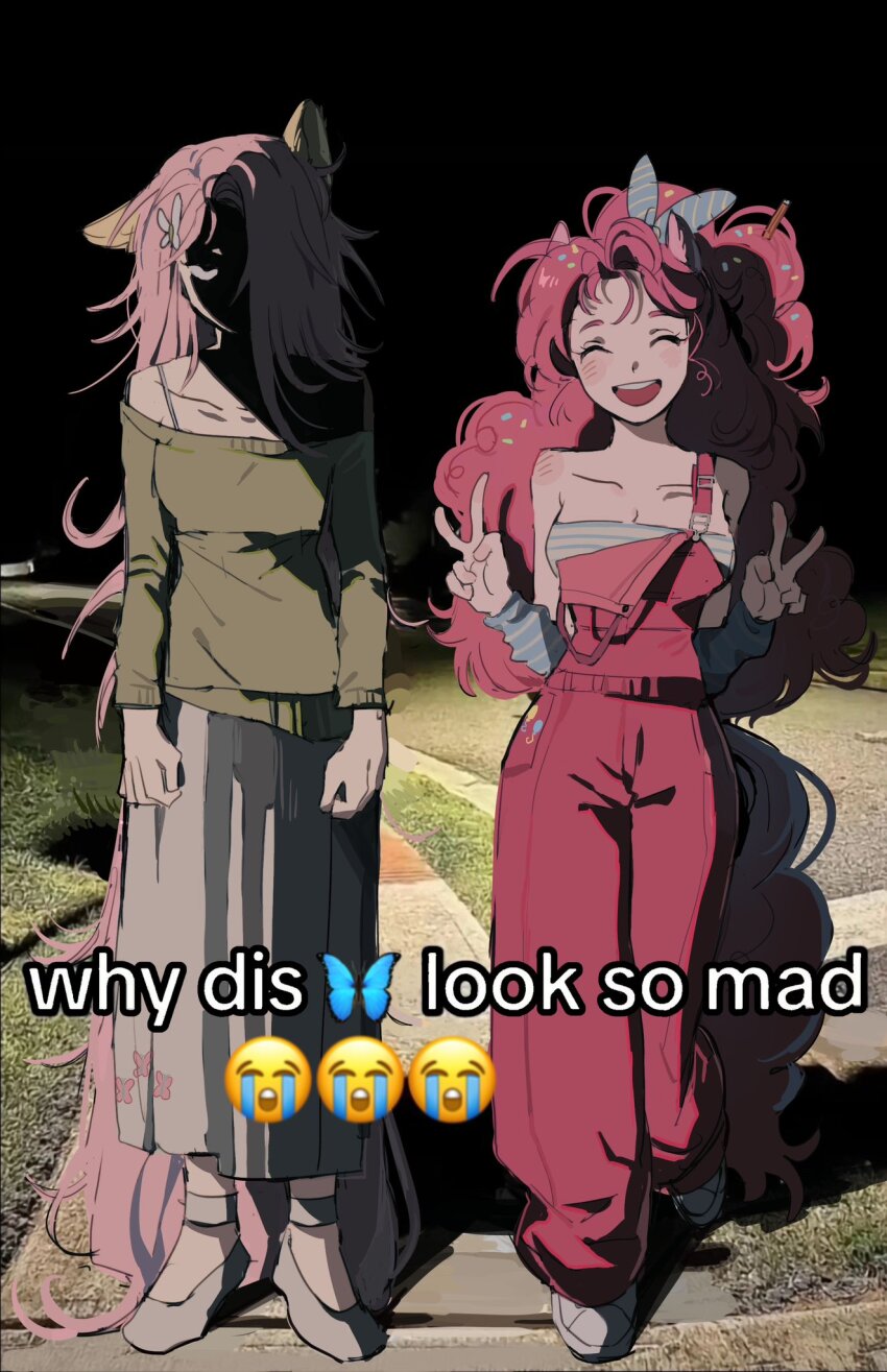 2girls :d ^_^ absurdly_long_hair animal_ears arm_warmers arms_at_sides bare_shoulders black_eyes blue_arm_warmers blue_bow bow breasts butterfly_hair_ornament cleavage closed_eyes collarbone commentary_request curly_hair cutie_mark diagonal-striped_bow double_v english_text facing_viewer fluttershy full_body green_shirt hair_bow hair_ornament hair_over_one_eye highres horse_ears korean_commentary long_hair long_skirt looking_at_viewer low-tied_long_hair meme memoji_7672 multiple_girls my_little_pony my_little_pony:_friendship_is_magic night off-shoulder_shirt off_shoulder open_mouth outdoors overalls photo_background pink_hair pink_overalls pinkie_pie pleated_skirt round_teeth shaded_face shirt skirt smile standing standing_on_one_leg strap_slip striped_arm_warmers striped_bow teeth tongue upper_teeth_only v very_long_hair white_footwear white_skirt why_dis_ninja_look_so_mad_(meme)