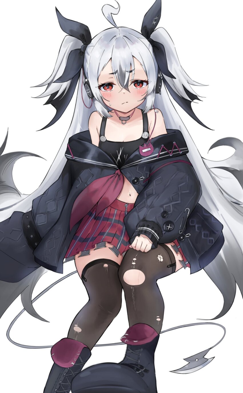 1girl ahoge azur_lane bare_shoulders black_boots black_hair black_jacket black_thighhighs blush boots breasts checkered_clothes checkered_skirt closed_mouth gradient_hair hair_between_eyes highres jacket long_hair looking_at_viewer midriff miller_(azur_lane) multicolored_hair navel petite red_eyes red_skirt simple_background skirt small_breasts solo soul_(dp11) sweatdrop thighhighs torn_clothes torn_thighhighs two_side_up very_long_hair white_background white_hair