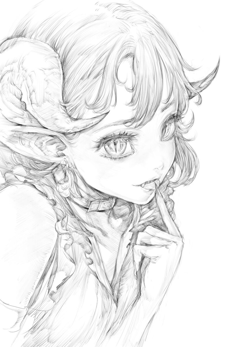 1girl breasts choker curled_horns demon_girl earrings fangs finger_to_mouth fingernails frilled_shirt frills graphite_(medium) greyscale highres horns index_finger_raised jewelry looking_at_viewer monochrome original pencil pointy_ears sharp_fingernails shirt short_hair sketch slit_pupils small_breasts smile solo traditional_media white_background yocky