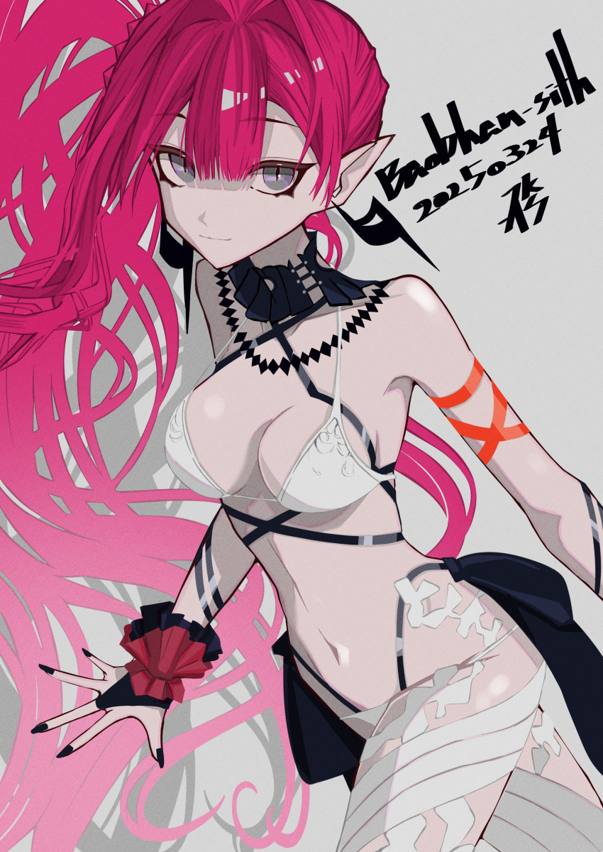 1girl absurdres baobhan_sith_(fate) baobhan_sith_(swimsuit_pretender)_(fate) baobhan_sith_(swimsuit_pretender)_(third_ascension)_(fate) bikini breasts bridal_gauntlets character_name dated detached_collar earrings fate/grand_order fate_(series) grey_eyes highres jewelry long_hair looking_at_viewer navel pink_hair pointy_ears side_ponytail smile solo swimsuit tsukaasa white_bikini