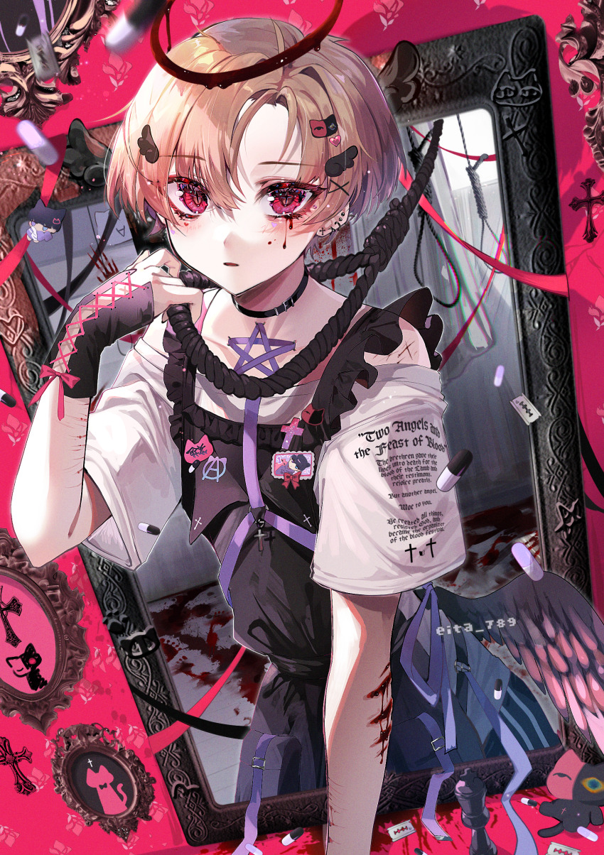 1boy absurdres aegyo_sal androgynous apron black_wings bleeding blonde_hair blood choker commentary_request cross cross-laced_armwear eita_789 emisako_(eita_789) eyeshadow eyeshadow_under_eye hair_ornament hexagram highres latin_cross maid_apron makeup male_focus noose original pentagram picture_frame pill red_eyes rope_around_neck self-harm shirt short_sleeves single_wing star_of_david t-shirt through_medium through_painting trap wings yami_kawaii