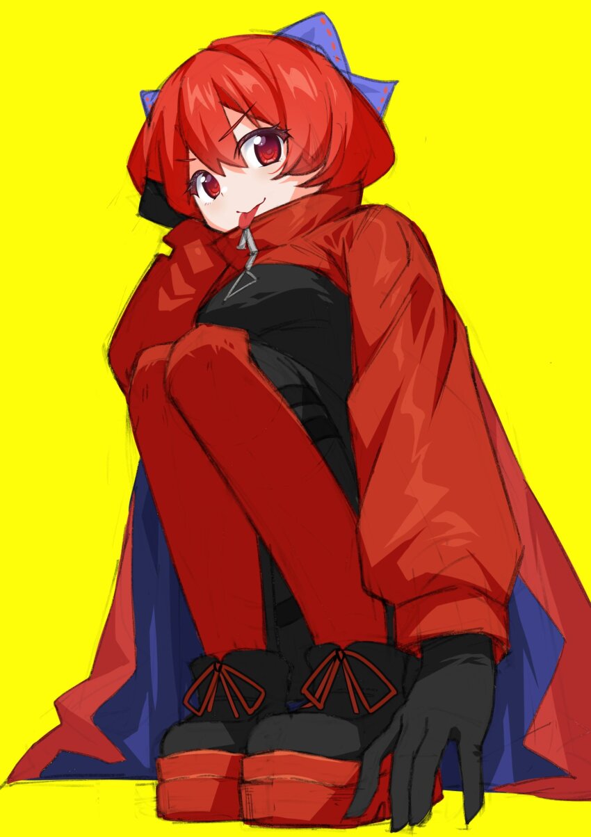 1girl black_bodysuit black_footwear black_gloves blue_bow blue_cape bodysuit bow cape cloak colored_shoe_soles elbow_gloves full_body gloves hair_bow highres latex latex_bodysuit latex_gloves latex_legwear latex_suit long_glove puffy_sleeves punidayo red_cape red_cloak red_eyes red_hair red_sleeves ribbon-trimmed_bow ribbon_trim rock_&#039;n&#039;_rock_&#039;n&#039;_beat sekibanki short_hair simple_background skin_tight solo squatting tongue tongue_out touhou two-sided_cape two-sided_fabric two-tone_cape yellow_background zipper zipper_pull_tab