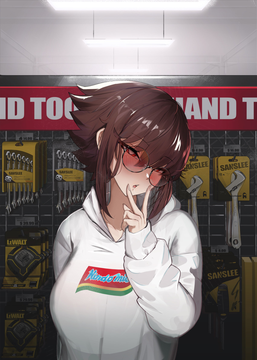 1girl blush breasts brown_eyes brown_hair glasses head_tilt heart heart-shaped_pupils highres hood hood_down hoodie indomie_(brand) indoors large_breasts liz_(nin_fake) long_sleeves looking_at_viewer nin_fake open_mouth original print_hoodie red-tinted_eyewear round_eyewear short_hair sidelocks sleeves_past_wrists solo sunglasses symbol-shaped_pupils tinted_eyewear upper_body v v_over_mouth white_hoodie