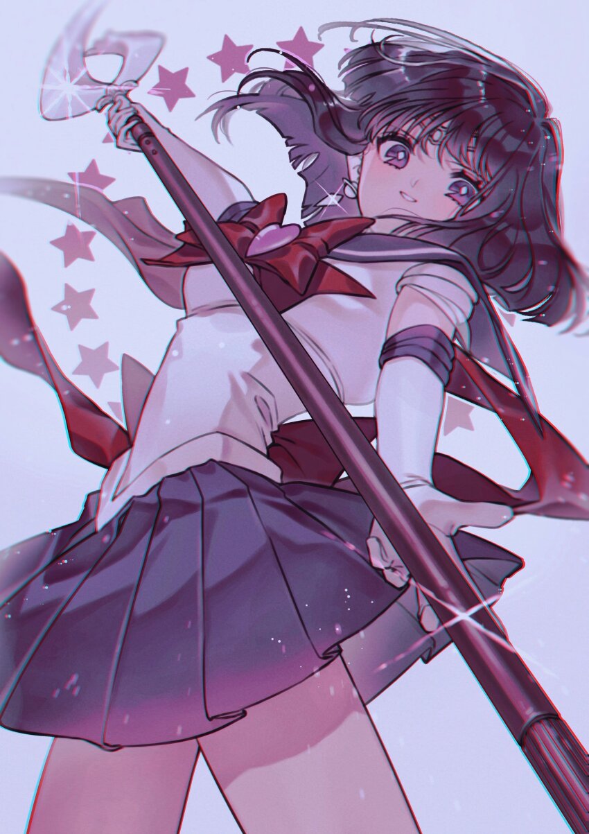 1girl absurdres birthday bishoujo_senshi_sailor_moon black_hair bow chest_bow circlet earrings glaive_(polearm) gloves hashtag-only_commentary highres hn_sit holding holding_polearm holding_weapon jewelry looking_at_viewer magical_girl polearm purple_eyes purple_sailor_collar purple_skirt red_bow sailor_collar sailor_saturn sailor_senshi_uniform short_hair silence_glaive skirt smile solo star_(symbol) tomoe_hotaru weapon white_gloves