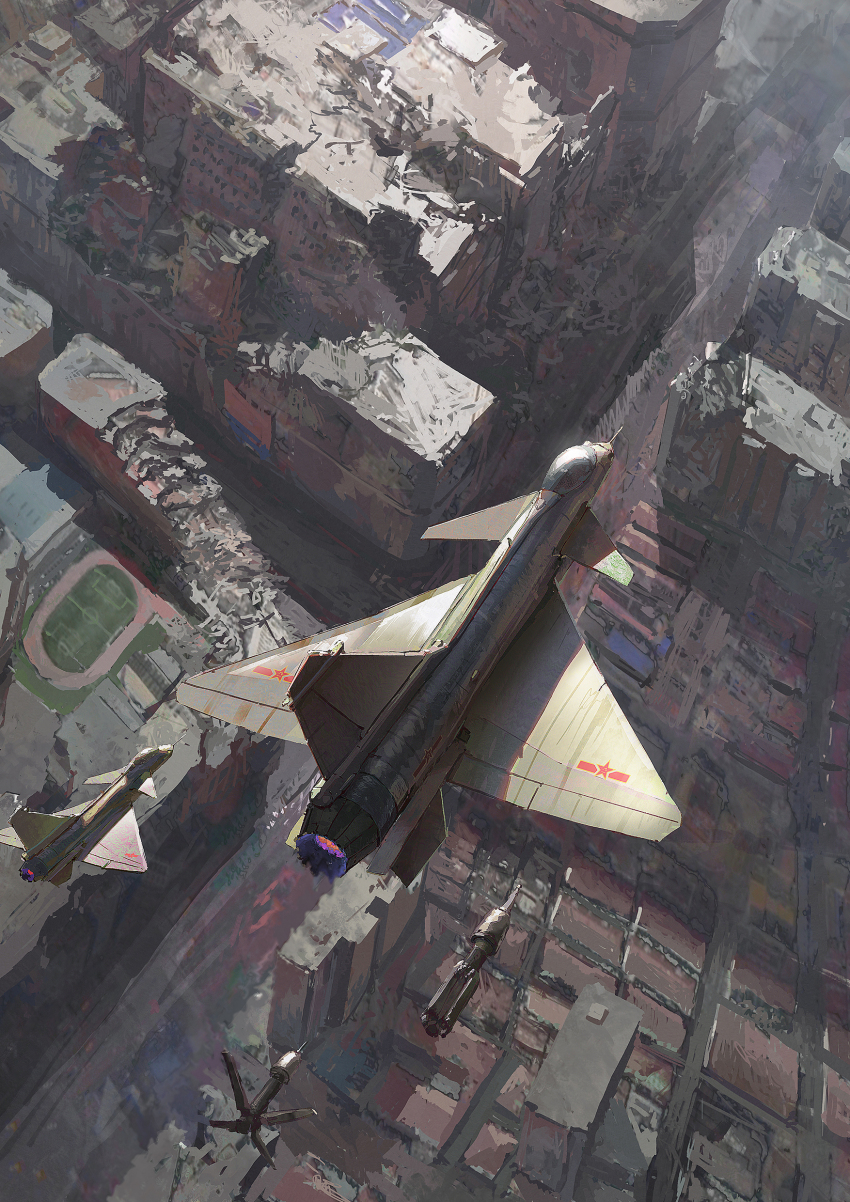 absurdres aircraft airplane bomb canards canopy_(aircraft) chengdu_j-10 china city cityscape destruction explosive falling fighter_jet highres jet_engine lhlclllx97 military military_vehicle no_humans original outdoors people&#039;s_liberation_army people&#039;s_liberation_army_air_force ruins scenery vehicle_focus war