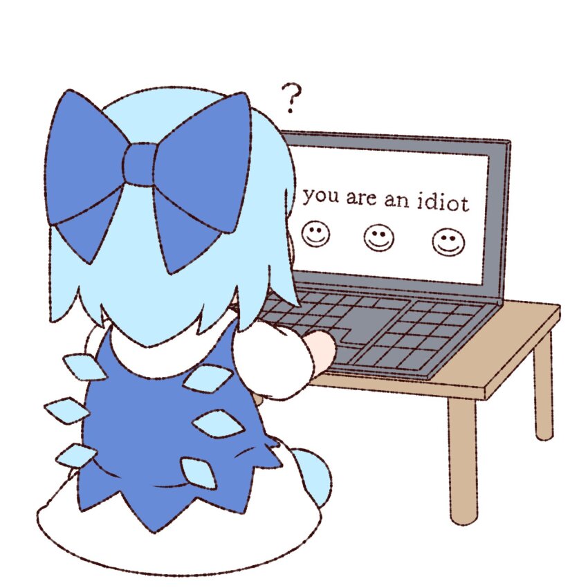 1girl ? aqua_hair aqua_shoes blue_bow blue_dress bow cirno computer deformed desk dress english_text from_behind hair_bow highres ice ice_wings laptop long_sleeves shirt shoes short_hair simple_background sitting smile_emoji solo touhou white_background white_shirt wings y75zei you_are_an_idiot_(virus)