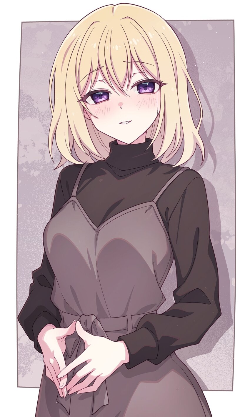 1girl bang_dream! bang_dream!_it&#039;s_mygo!!!!! black_sweater blonde_hair blush border breasts commentary dress e20 grey_dress hair_between_eyes highres long_sleeves looking_at_viewer medium_breasts medium_hair misumi_uika open_mouth outside_border pinafore_dress purple_eyes sleeveless sleeveless_dress solo steepled_fingers sweater white_border