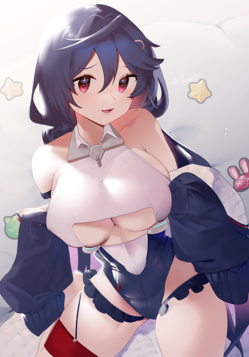 1girl ahoge aiushi_(lovecowjp) allen_m._sumner_(azur_lane) alternate_breast_size azur_lane bed black_coat black_hair black_leotard blush breasts clothing_cutout coat collared_leotard covered_erect_nipples covered_navel eagle_union_(emblem) frilled_leotard frills hair_between_eyes highres kneeling large_breasts leotard long_hair long_sleeves low_twintails multicolored_leotard off_shoulder open_clothes open_coat open_mouth signature sleeves_past_fingers sleeves_past_wrists smile solo twintails two-tone_leotard underboob underboob_cutout white_leotard
