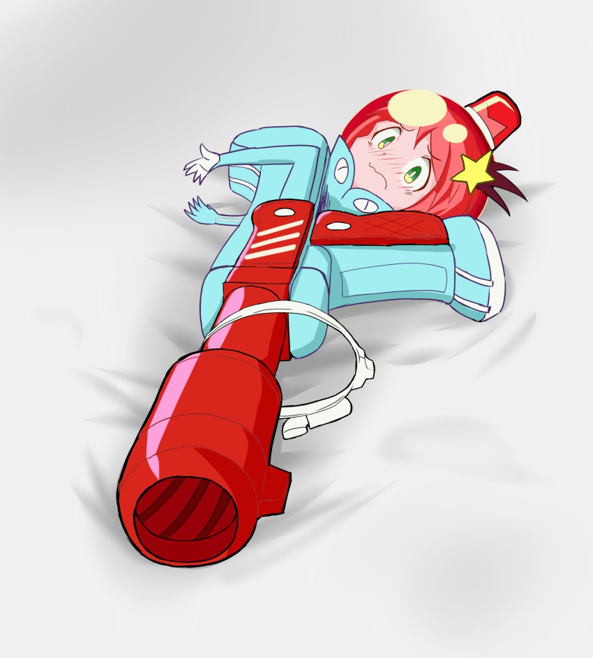 10s 1girl belt blush bodysuit brown_hair commentary_request embarrassed female_focus green_eyes hair_ornament helmet highres judgement_gun_morphing luluco on_bed sketch solo star_(symbol) star_hair_ornament uchuu_patrol_luluco