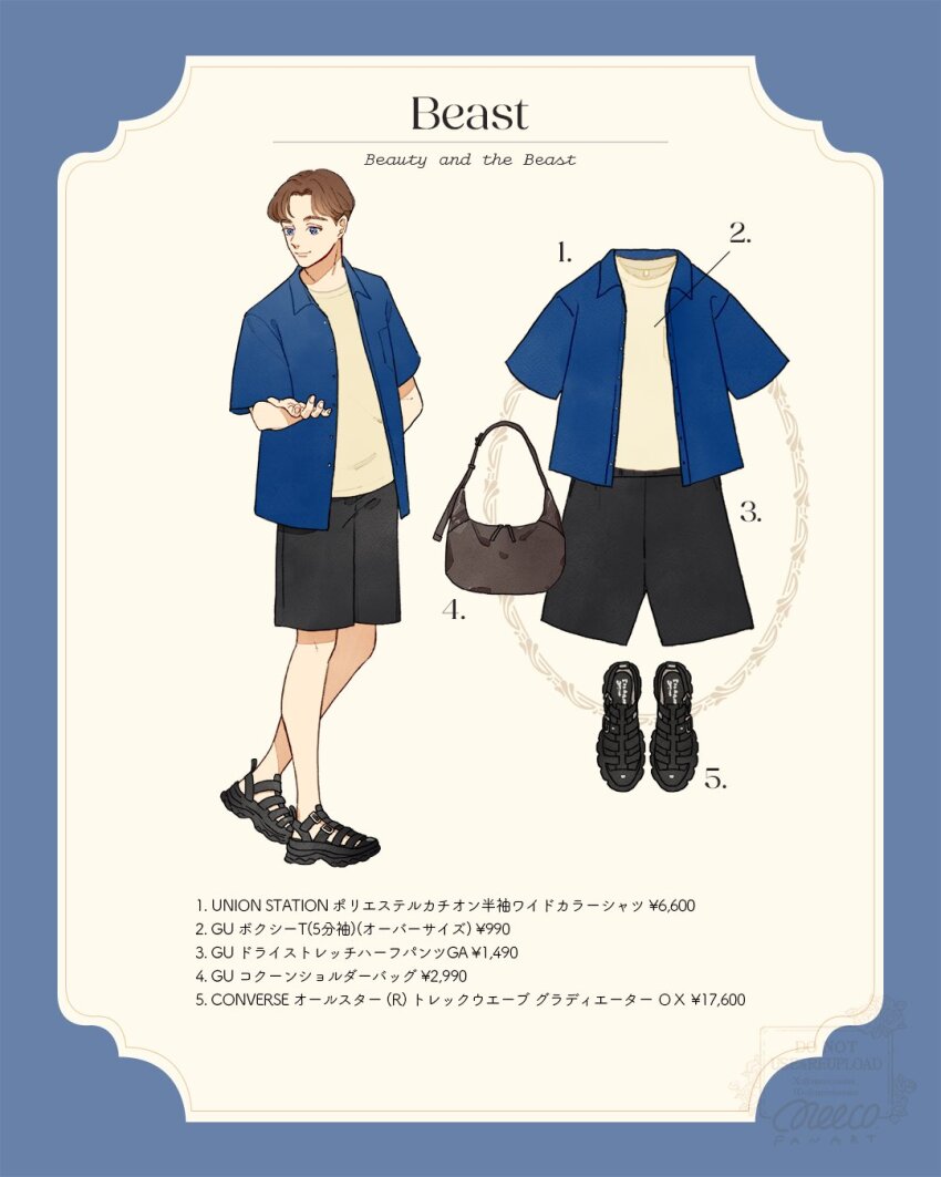 1boy animification beauty_and_the_beast_(disney) brown_eyes character_name closed_mouth copyright_name highres looking_at_viewer meecosme mickey_mouse_ears prince_adam_(disney) sandals shirt short_hair short_sleeves shorts smile solo tagme