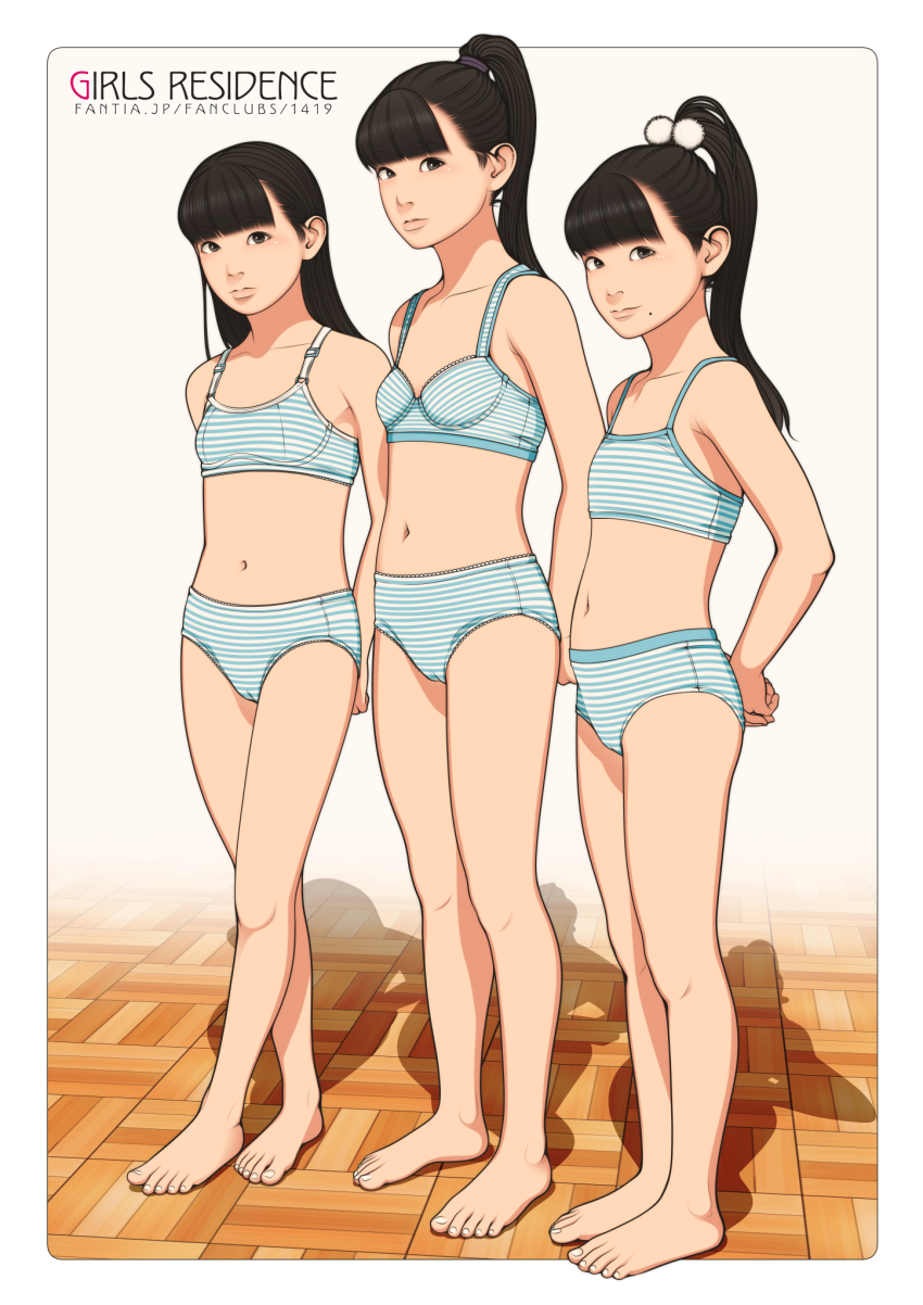 3girls bare_shoulders barefoot black_border black_hair blunt_bangs border bra breasts brown_eyes cameltoe english_text expressionless flat_chest full_body hair_bobbles hair_ornament highres long_hair looking_at_viewer matching_underwear mole mole_on_cheek multiple_girls navel original panties shadow shinchou_ni_kansuru_kousatsu short_hair small_breasts standing striped_bra striped_clothes striped_panties toes training_bra underwear underwear_only