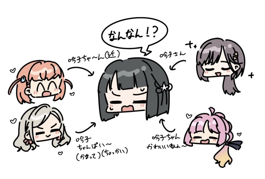 5girls :&gt; :d ^_^ ahoge anyoji_hime arrow_(symbol) black_hair black_ribbon blonde_hair blunt_bangs blunt_ends blush bob_cut ceras_yanagida_lilienfeld chibi chibi_only closed_eyes commentary flower_knot gradient_hair grey_hair hair_ornament hair_ribbon hasu_no_sora_school_uniform head_only heart hinoshita_kaho kanazawaben katsuragi_izumi link!_like!_love_live! llkapital love_live! momose_ginko multi-tied_hair multicolored_hair multiple_girls nervous_sweating open_mouth orange_hair pink_hair pink_ribbon ponytail rabbit_hair_ornament ribbon school_uniform short_hair sidelocks smile sparkle sweat swept_bangs translation_request triangle_hair_ornament two_side_up u_u v-shaped_eyebrows virtual_youtuber wolf_cut