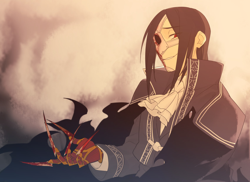 1boy ascot blood bloody_weapon claws collared_jacket european_clothes fate/grand_order fate_(series) green_hair half_mask high_collar jacket long_sleeves looking_at_viewer male_focus mask ne_dzumi parted_bangs phantom_of_the_opera_(fate) red_eyes solo upper_body weapon white_ascot