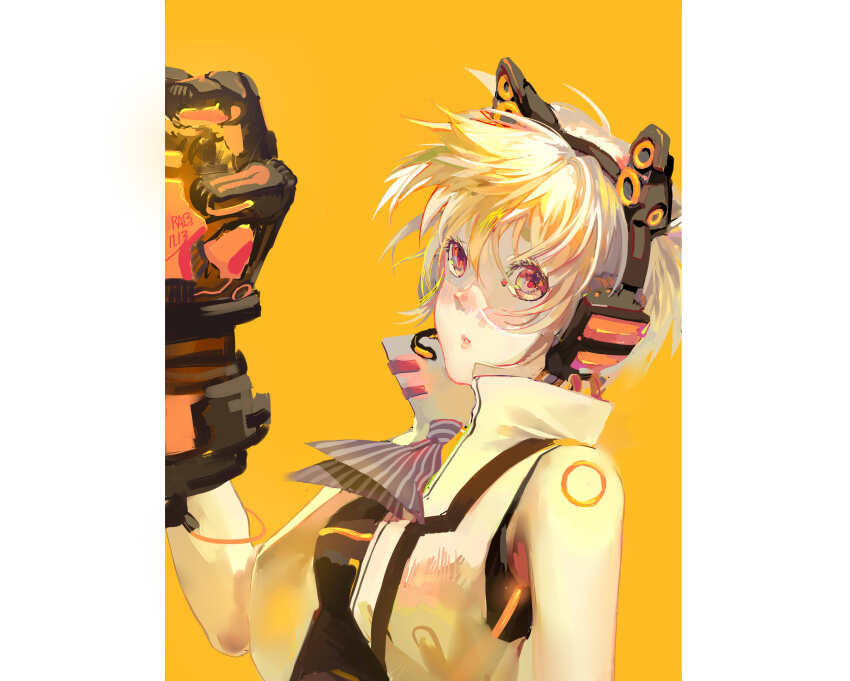 1girl absurdres blonde_hair gloves hand_up headphones highres looking_at_viewer original parted_lips red_eyes short_hair simple_background sleeveless solo upper_body vest xiaoquandianer yellow_background