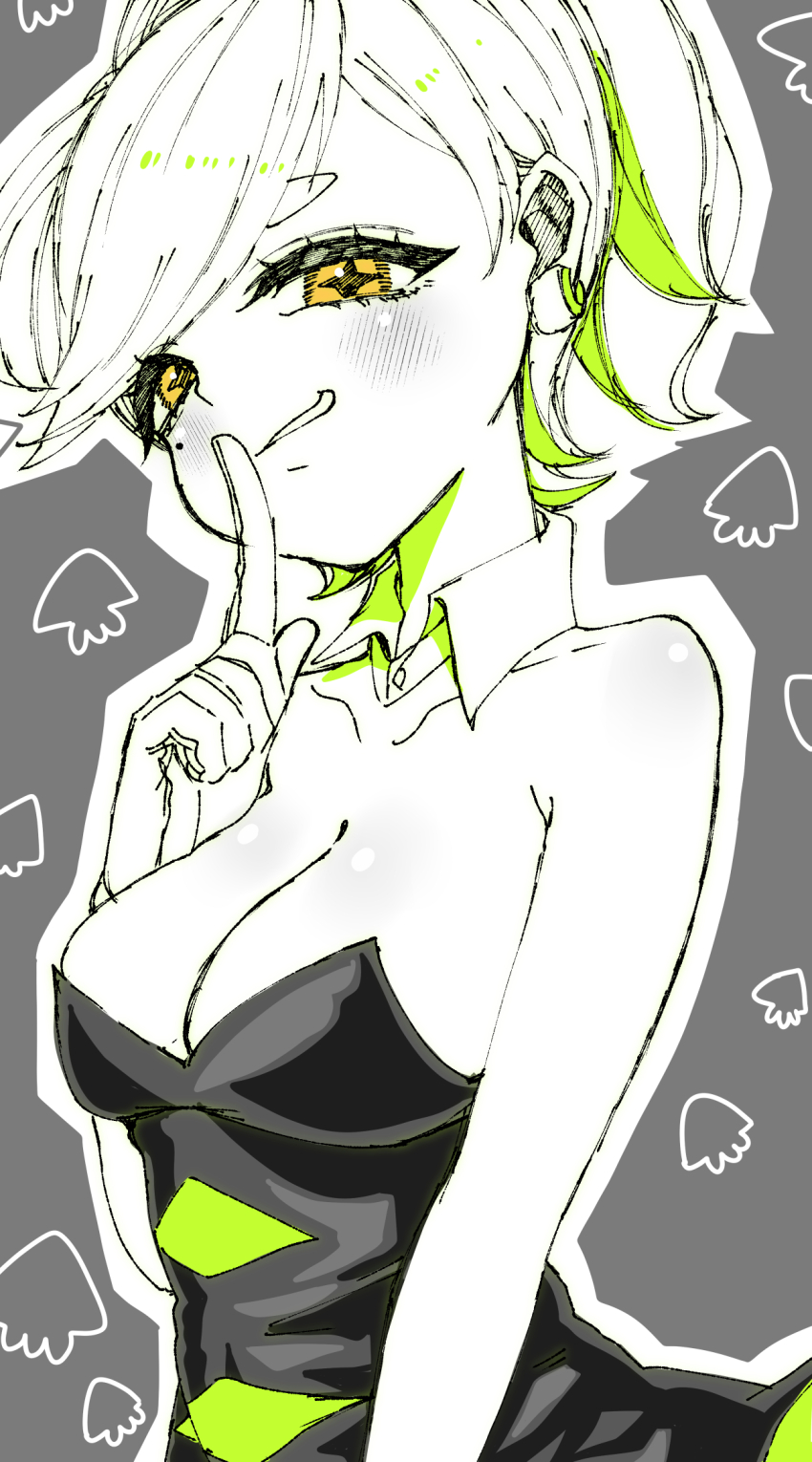 1girl black_dress breasts cleavage collarbone commentary_request detached_collar dress eyelashes green_hair highres humanization index_finger_raised large_breasts marie_(splatoon) marie_(squid_sisters_outfit)_(splatoon) mole mole_under_eye mugyiiiii_ika multicolored_hair nintendo outline smile solo splatoon_(series) standing strapless strapless_dress two-tone_hair white_hair white_outline yellow_eyes
