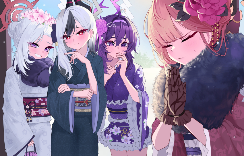 4girls 82jhin absurdres aru_(blue_archive) aru_(new_year)_(blue_archive) blue_archive gloves hair_ornament halo haruka_(blue_archive) haruka_(new_year)_(blue_archive) highres japanese_clothes kayoko_(blue_archive) kayoko_(new_year)_(blue_archive) kimono lace lace_gloves multiple_girls mutsuki_(blue_archive) mutsuki_(new_year)_(blue_archive) obi official_alternate_costume praying purple_eyes red_eyes sash