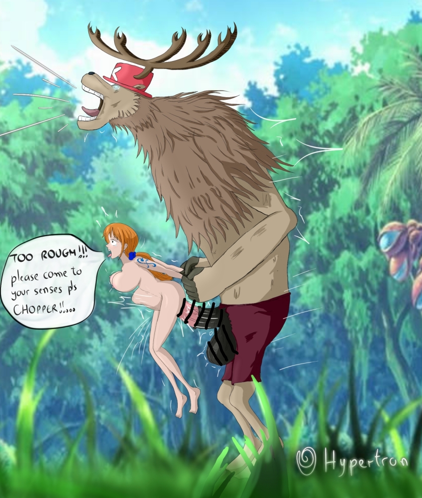 1boy 1girl alternate_form animal_penis arm_tattoo artist_name barefoot blurry blurry_foreground breasts clothed_male_nude_female completely_nude deer_boy english_text from_side full_body furry furry_male furry_with_non-furry glowing glowing_eyes hetero highres horse_penis hypertron_dx interspecies large_breasts long_hair motion_lines nami_(one_piece) nude official_alternate_hairstyle one_piece open_mouth penis reindeer_boy sanpaku screenshot_background sex sex_from_behind shorts size_difference speech_bubble standing stomach_bulge tattoo testicles tongue tongue_out tony_tony_chopper