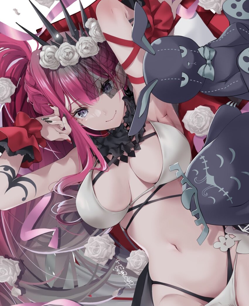 1girl akatsuki_hijiri armpits baobhan_sith_(fate) baobhan_sith_(swimsuit_pretender)_(third_ascension)_(fate) bikini black_eyes black_tiara breasts commentary fate/grand_order fate_(series) flower head_wreath highres large_breasts long_hair looking_at_viewer lying navel on_back pink_hair rose smile solo stomach stuffed_animal stuffed_toy swimsuit tiara white_bikini white_flower white_rose