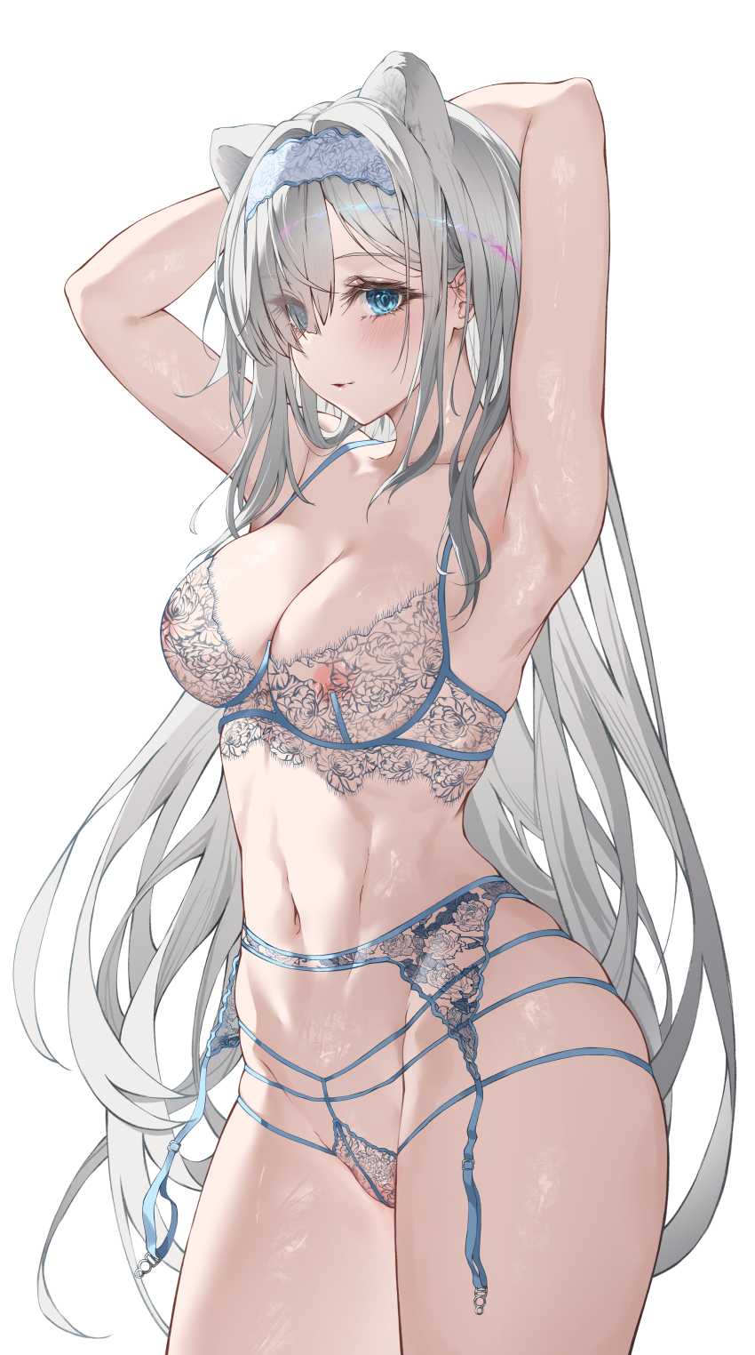 1girl absurdres animal_ears arknights armpits arms_behind_head arms_up aurora_(arknights) bear_ears bear_girl bear_tail blue_eyes blush bra breasts cleavage commentary covered_erect_nipples cowboy_shot dlnk extra_ears eyes_visible_through_hair garter_belt grey_hair hair_over_one_eye highres lace lace-trimmed_bra lace-trimmed_garter_belt lace-trimmed_panties lace_trim large_breasts lingerie long_hair looking_at_viewer navel panties simple_background skindentation solo stomach tail underwear white_background