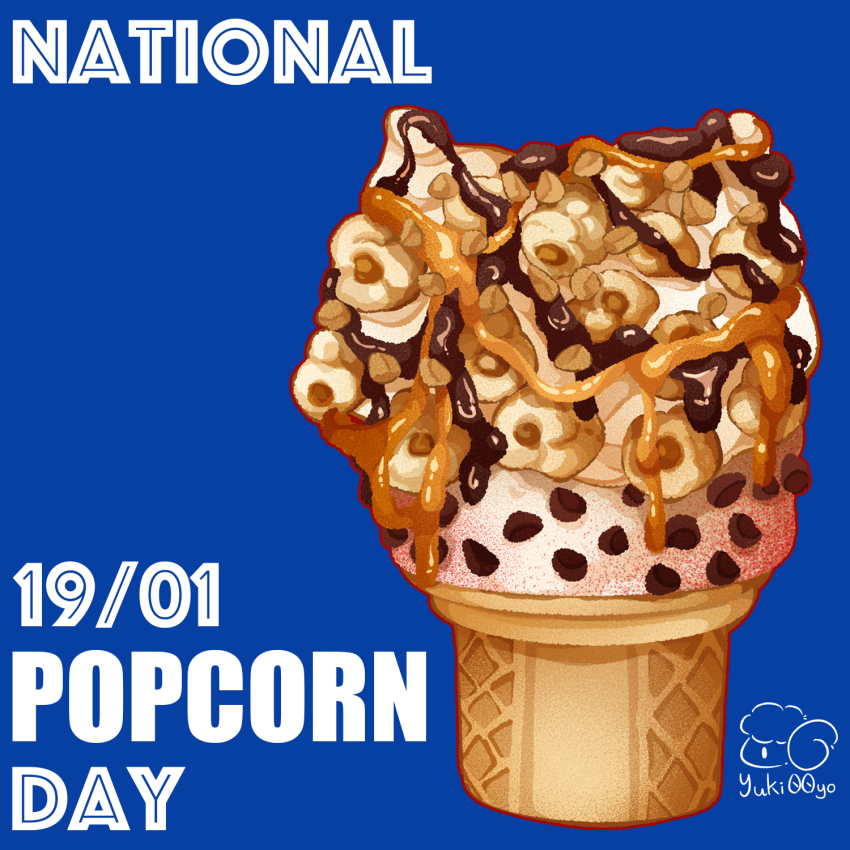artist_logo blue_background caramel chocolate chocolate_chip chocolate_syrup dated food food_focus highres ice_cream logo no_humans nut_(food) original popcorn syrup yuki00yo